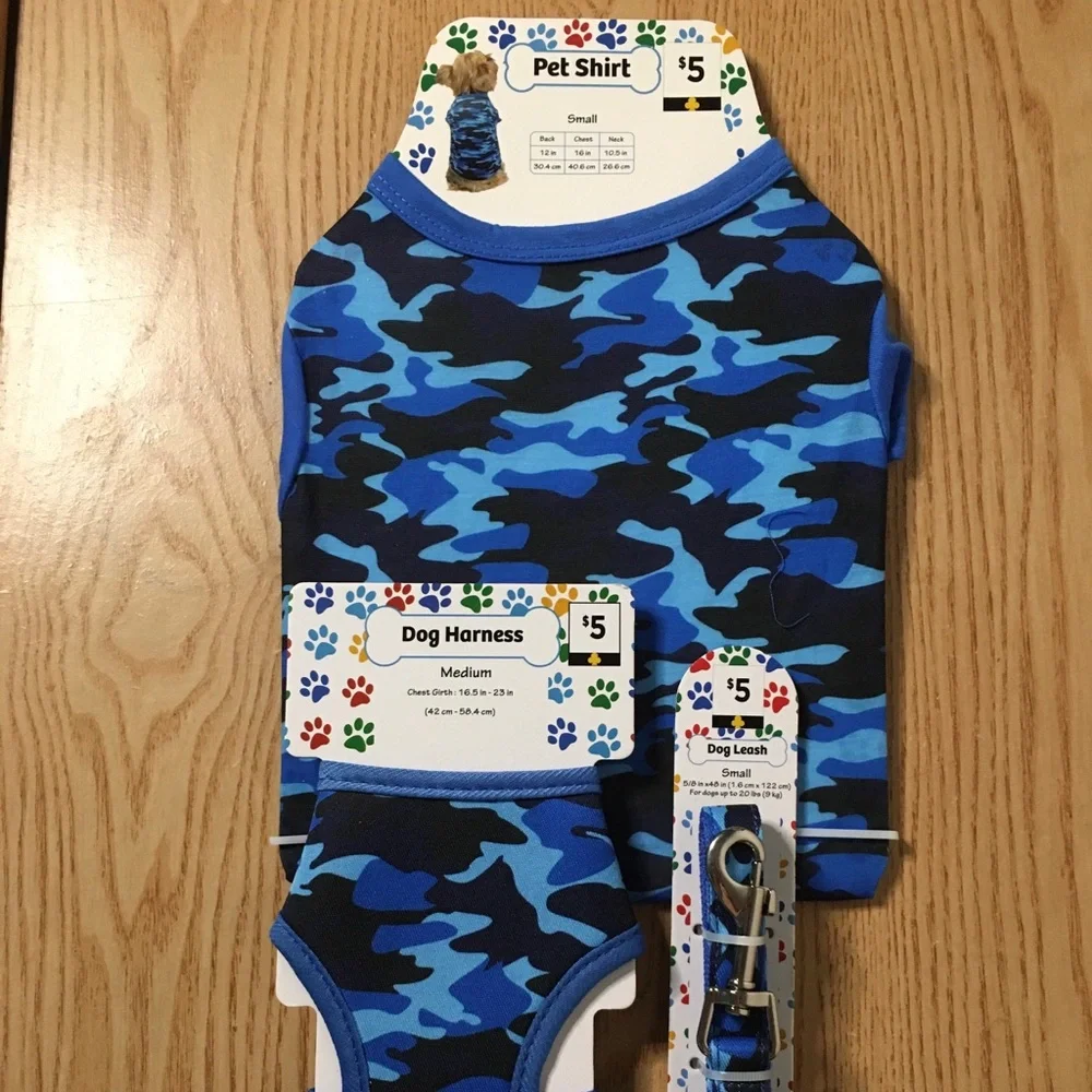 New Bundle of 3 Doggie Camo Harness 16.5”-23” Leash 48” Long & T-shirt 12”x16”